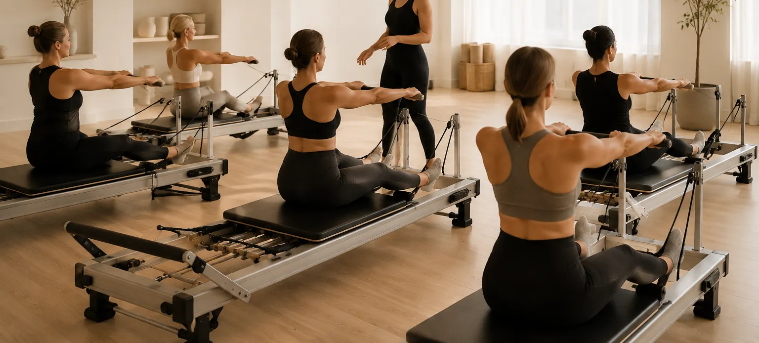 A reformer class in progress, five students rowing on their carriages while the teacher walks between them.
